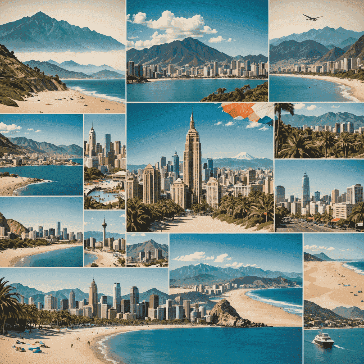 A collage of travel images showing a beach, mountains, and a city skyline, representing various travel destinations