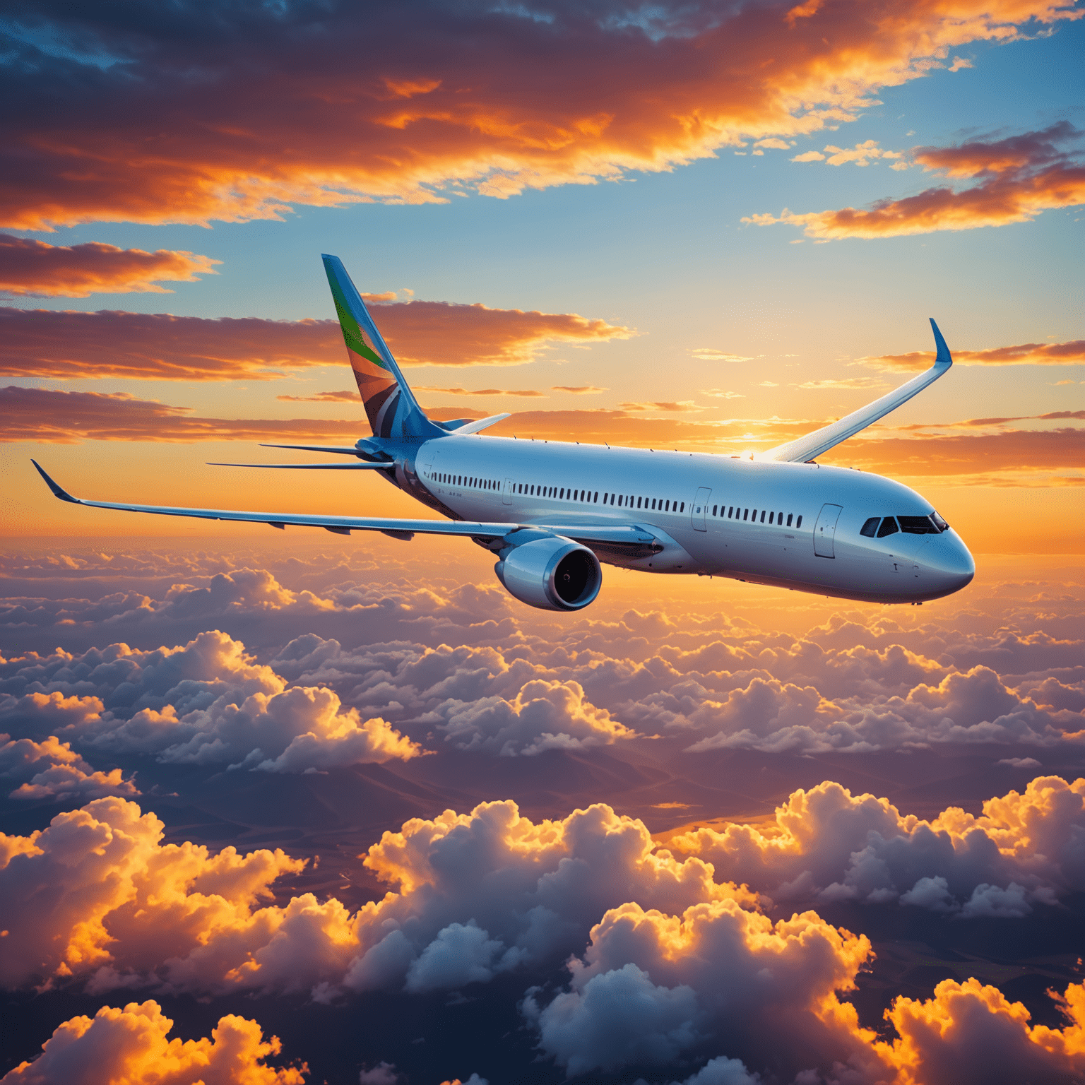 Airplane flying over a colorful sunset, symbolizing exciting flight bookings and travel adventures