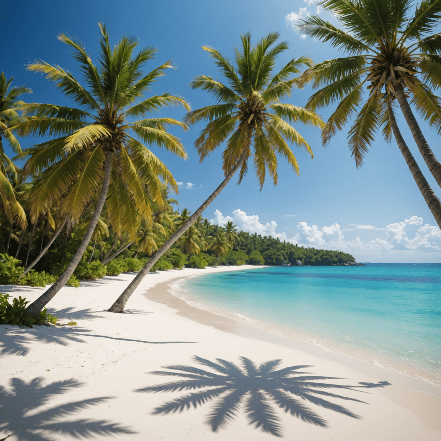 A beautiful exotic beach with crystal clear water, white sand, and palm trees swaying in the breeze. Perfect for a dream holiday.