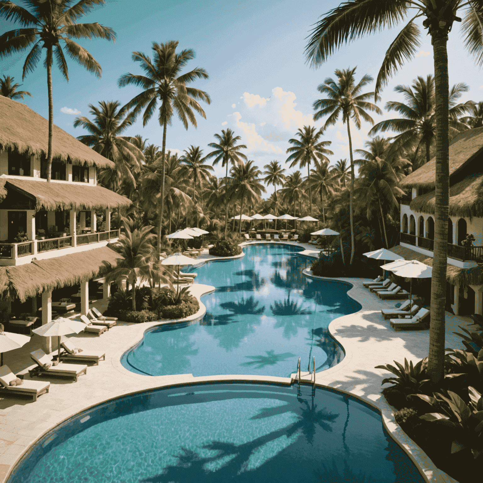 A luxurious resort with a large pool surrounded by palm trees, overlooking a pristine beach