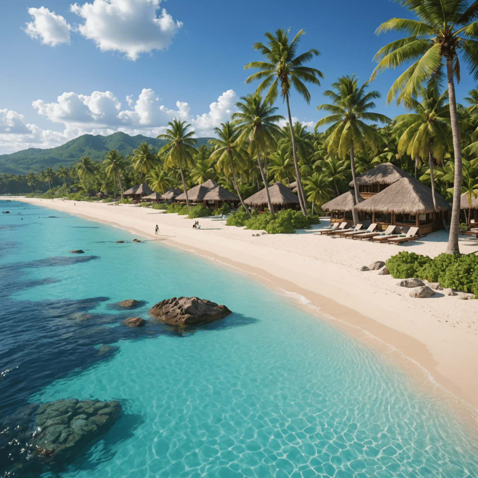 A beautiful tropical beach with crystal clear water, palm trees, and a luxurious resort in the background