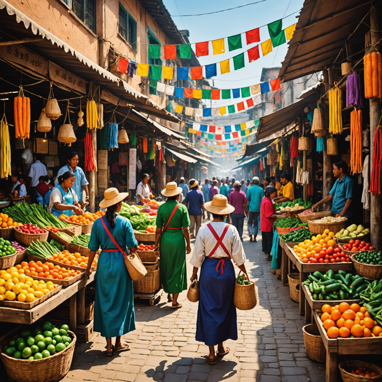 A vibrant market scene with colorful stalls selling local produce and crafts, representing immersion in local culture