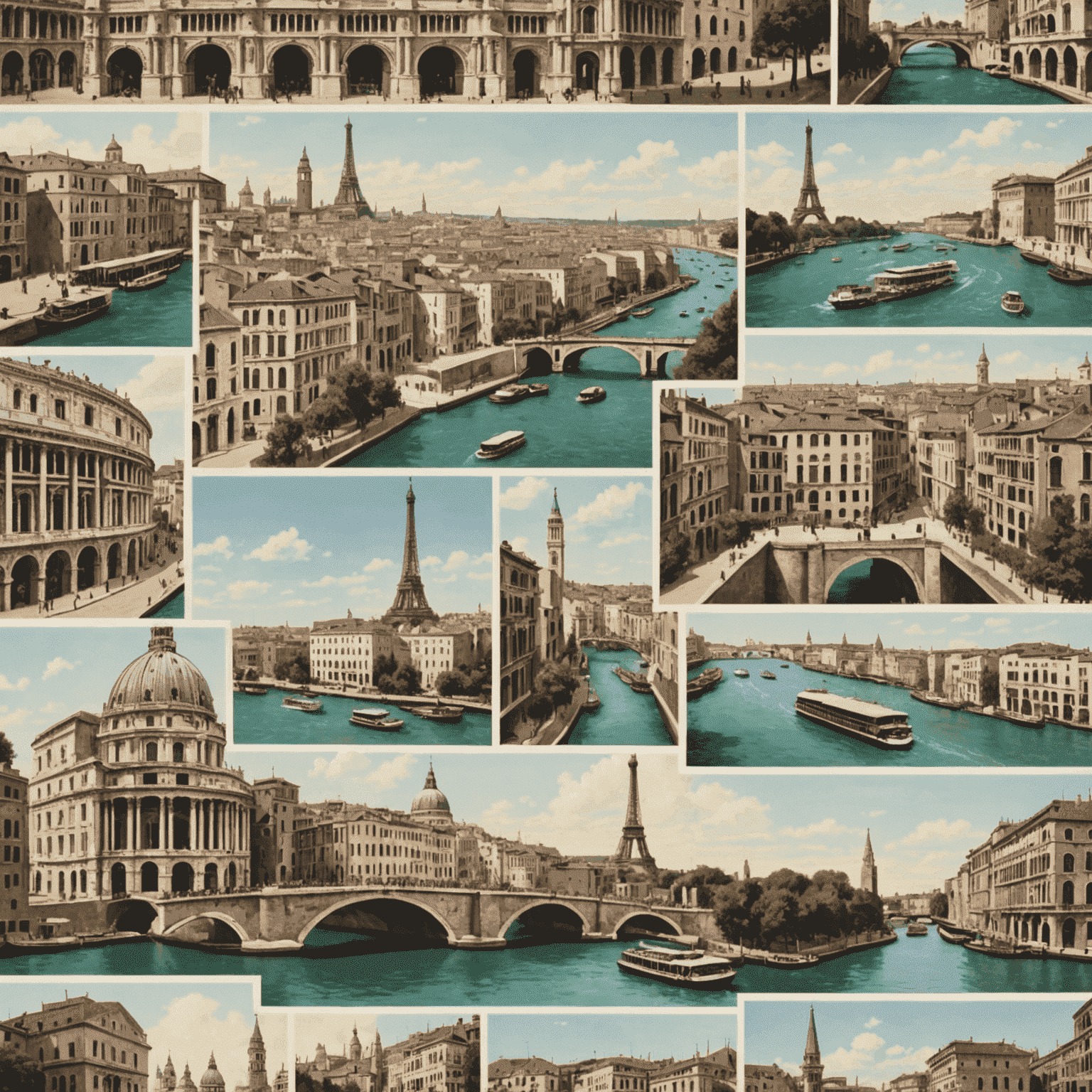 A collage of European landmarks including the Eiffel Tower, Colosseum, and canals of Venice