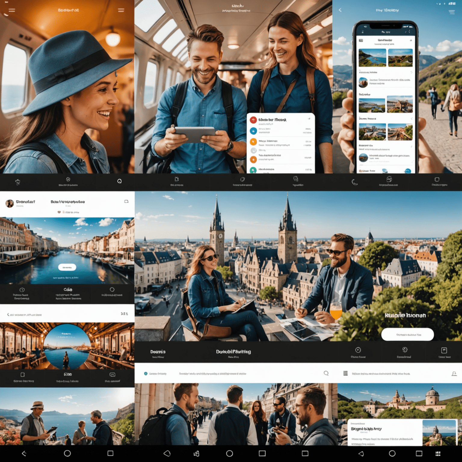 A collage of happy travelers using Blokcdag Travel's new booking system on various devices, showcasing its versatility and user-friendly interface