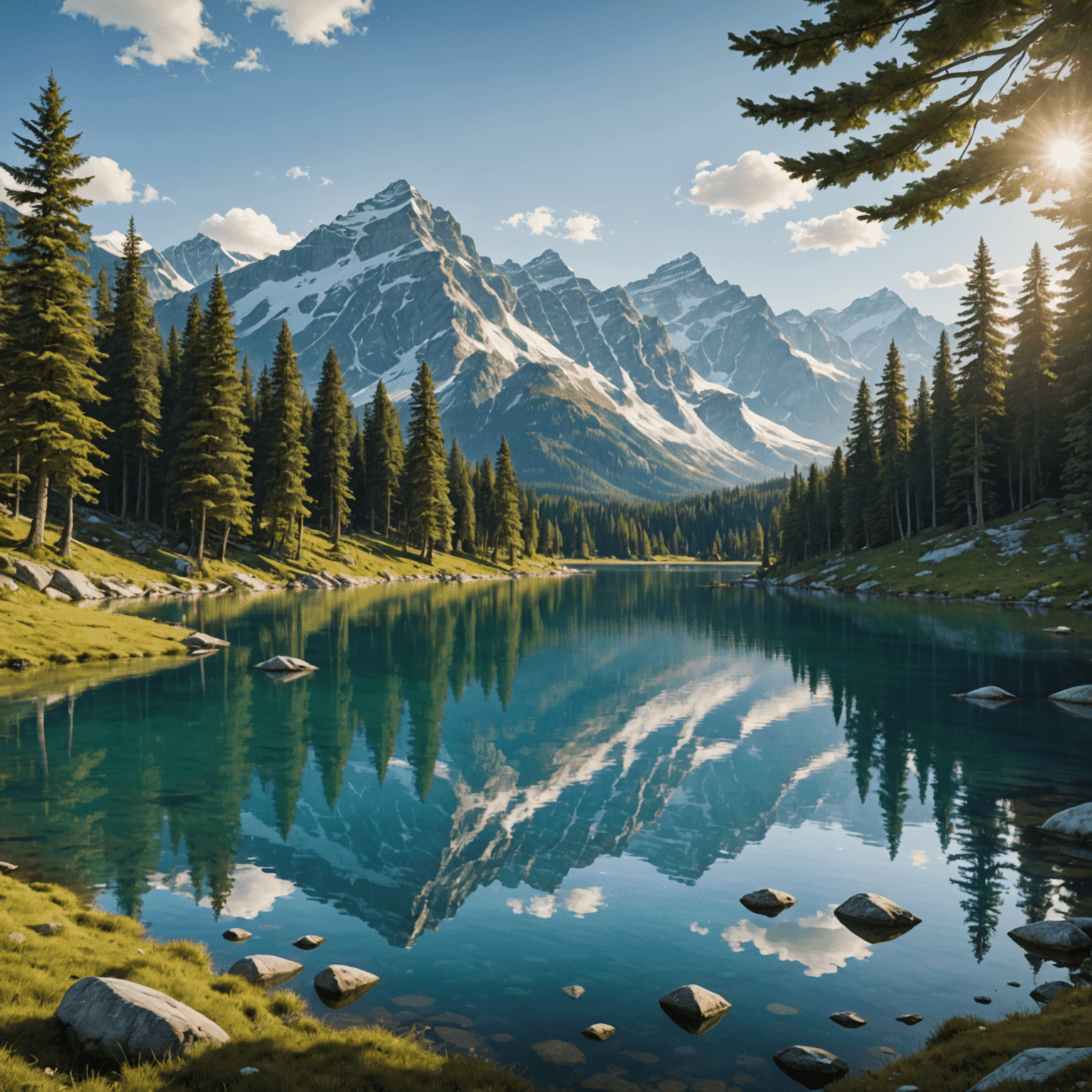 A serene mountain landscape with snow-capped peaks, lush forests, and a clear lake reflecting the scenery, perfect for a peaceful getaway.